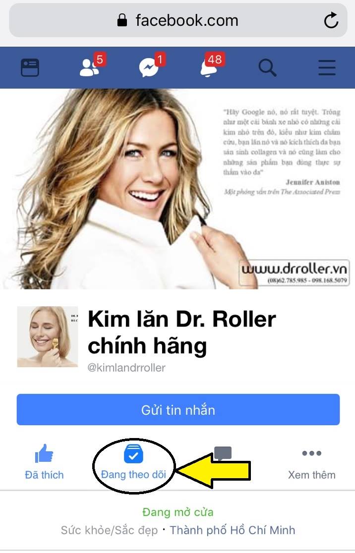 Bật chế độ theo dõi Facebook Dr. Roller chính hãng trên mobile