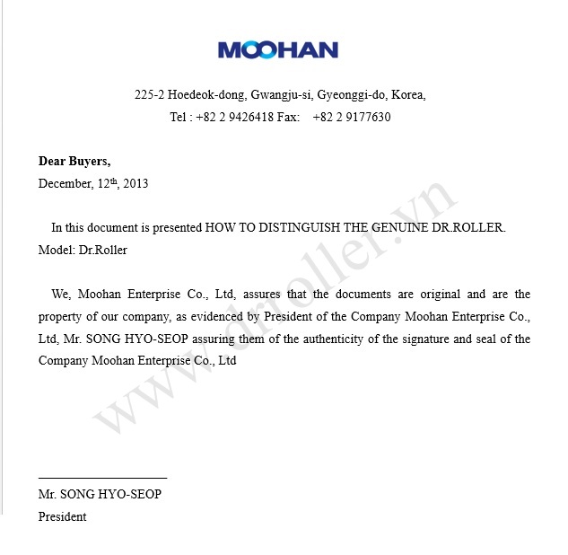 Email thông báo hàng giả kim lăn Dr. Roller của Moohan